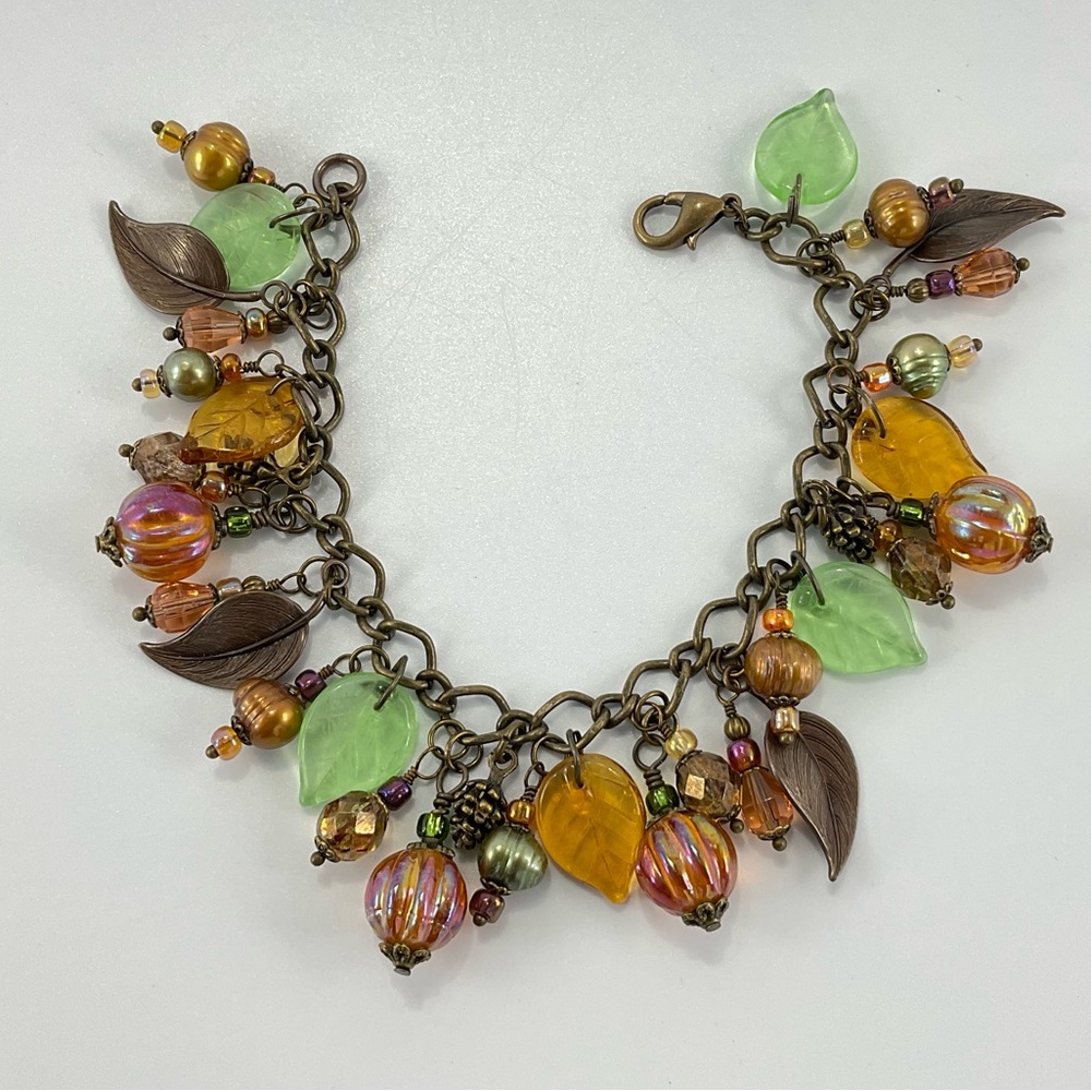 Fall Pumpkin Charm Bracelet with Pearls, Handmade, Halloween, Thanksgiving - Picture 4 of 5